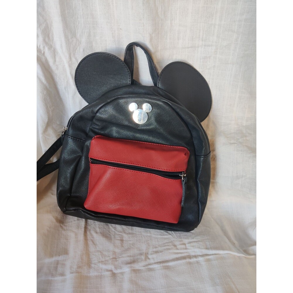 Black Faux Leather Mini Backpack Novelty Mickey Mouse Ears Red Pocket Silver